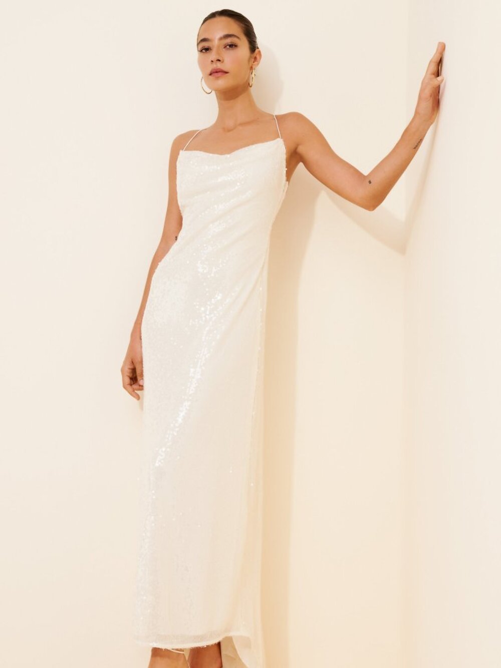 BHLDN Strappy Scoop-Neck Stretch Sequin Slim Maxi Dress